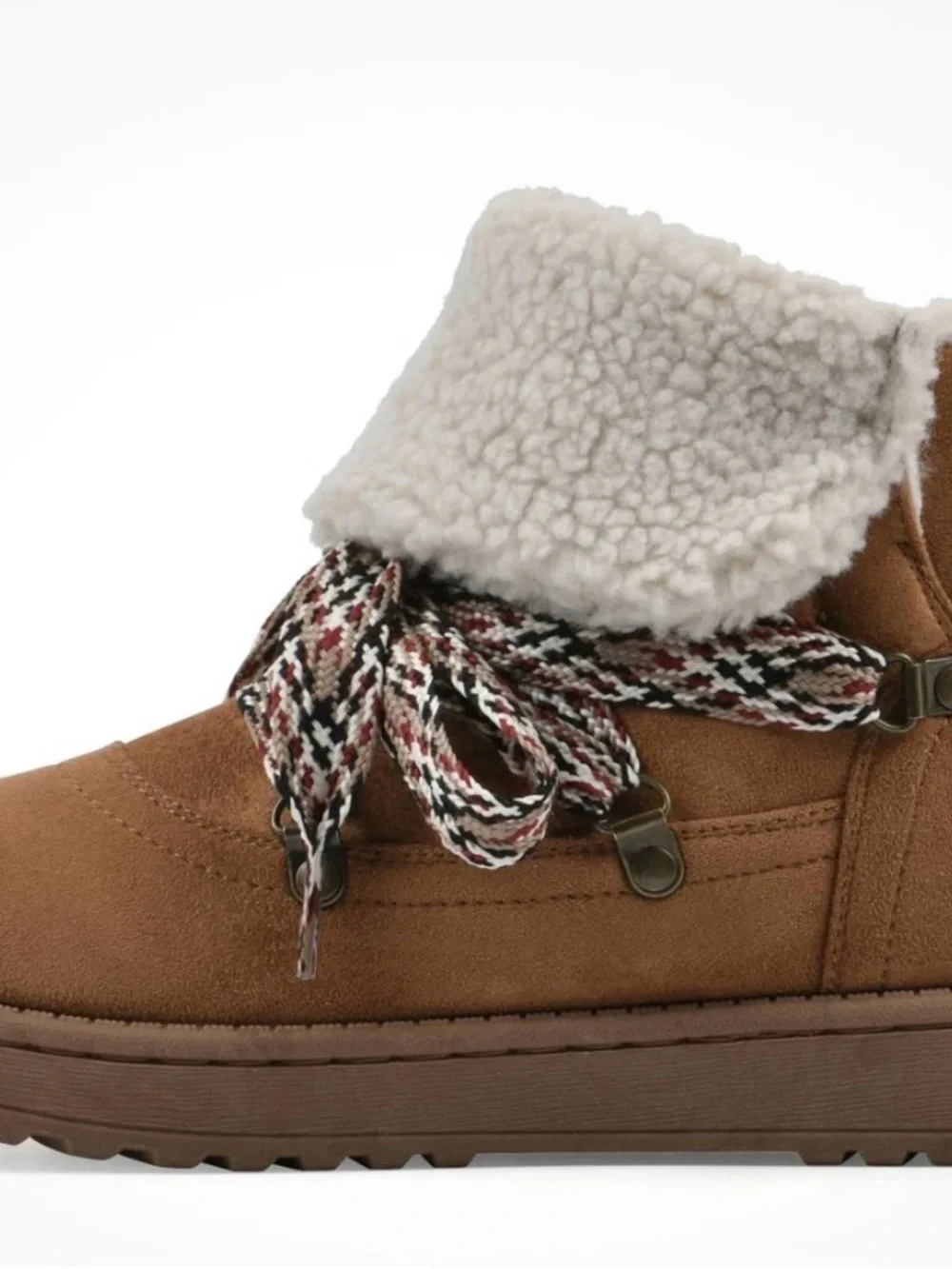 White Mountain Tan Faux-Suede Sherpa-Lined Ankle Boot with Braided Laces